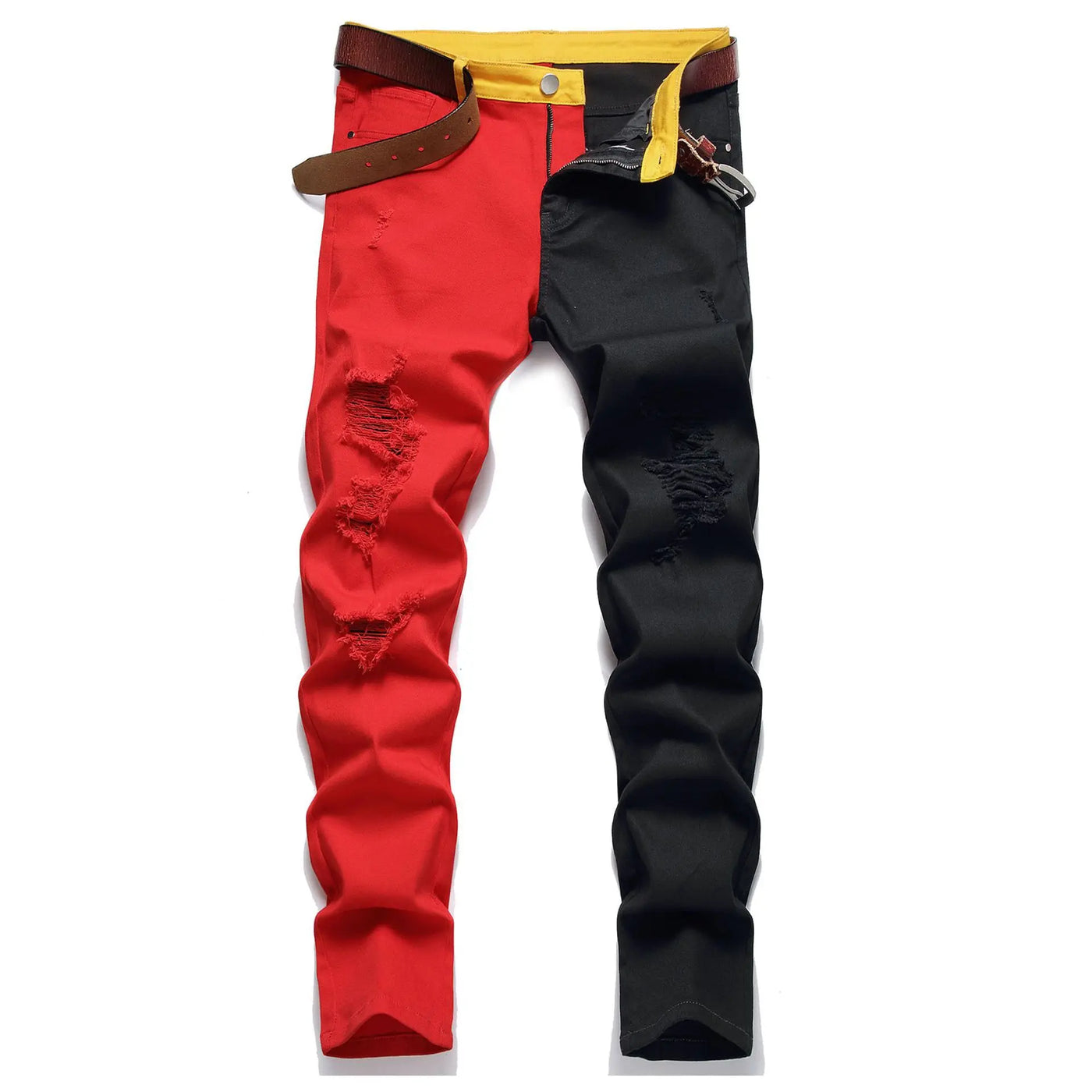 New Men 2022 American Style Fashion Stitching Two-color Yellow and Red Trend Stretch Jeans Male Trousers Denim Pants