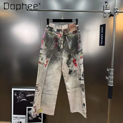 2025 Autumn Retro Style Painted Graffiti Print Loose Jacket Cargo Pants Two-Piece Set Women American Street Fashion Denim Suit