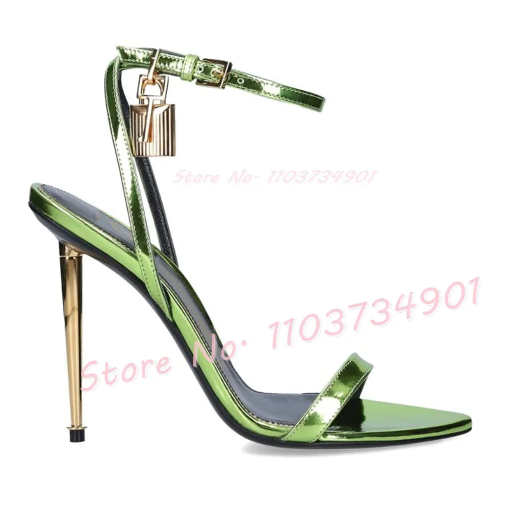 Metal Heel Lock Metallic Leather Sandals Female Luxury Open Toe Stiletto High Heels Shoes Lady Elegant Party Ankle Strap Sandals