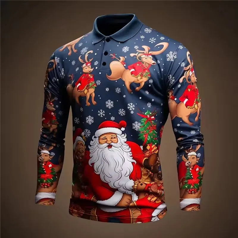 New Men's Christmas Printed Polos Autumn Long Sleeve Button Casual Shirt Festive Holiday Wear Classic Polo Neck Design Polos