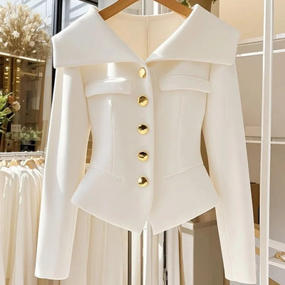 2025 New High Quality Autumn White Women's Coat Long Sleeve Slim Waist Chic Short Single-breasted Office Jackets Ladies Outwear