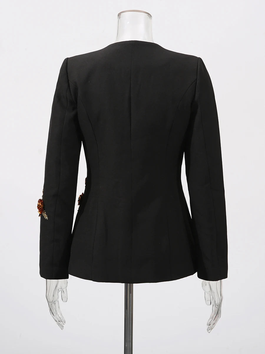 CHICEVER Fashionable Slimming Cocktail Coat for Women Deep Neck Long Sleeve Spliced 3D Floral Temeprament Jackets Female Clothes