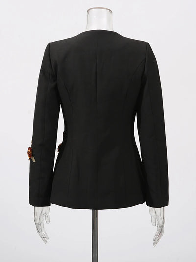 CHICEVER Fashionable Slimming Cocktail Coat for Women Deep Neck Long Sleeve Spliced 3D Floral Temeprament Jackets Female Clothes