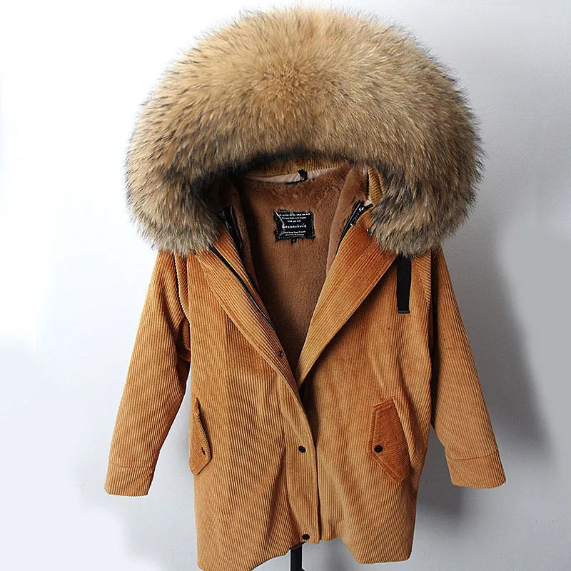 MAOMAOKONG 2022 Winter Parkas With Natural Real Raccoon Fur Collar Women Fur Coat CorduroyWarm Long Jacket Female Clothing