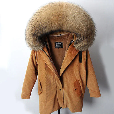 MAOMAOKONG 2022 Winter Parkas With Natural Real Raccoon Fur Collar Women Fur Coat CorduroyWarm Long Jacket Female Clothing