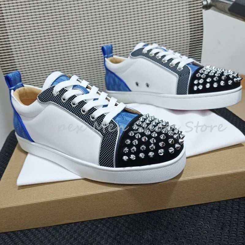 2025 Autumn Leather White Blue Splice Casual Shoes Spike Toe Streetwear Men Shoes Fashion Lightweight Flat Sneakers for Women