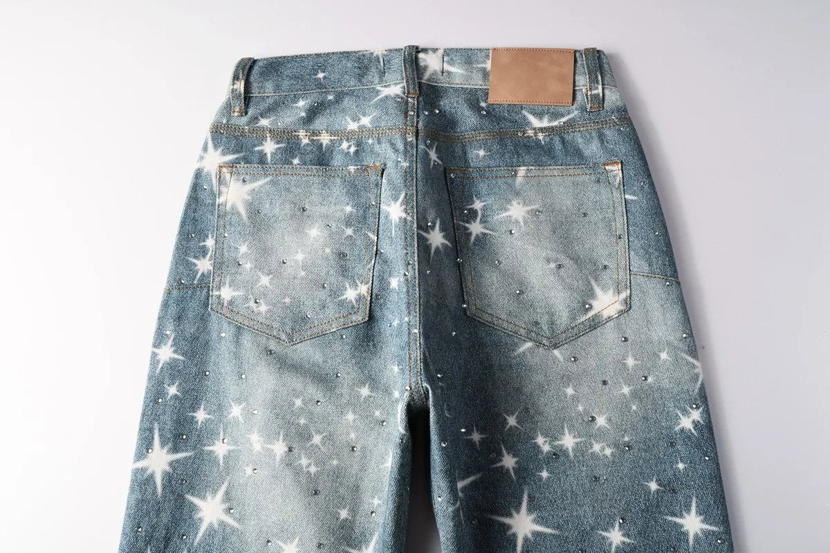 Men Straight jeans Fashion High Street Retro wash Rhinestones Retro Street Style Hip-hop Straight Trousers Streetwear Jeans