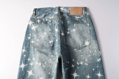 Men Straight jeans Fashion High Street Retro wash Rhinestones Retro Street Style Hip-hop Straight Trousers Streetwear Jeans