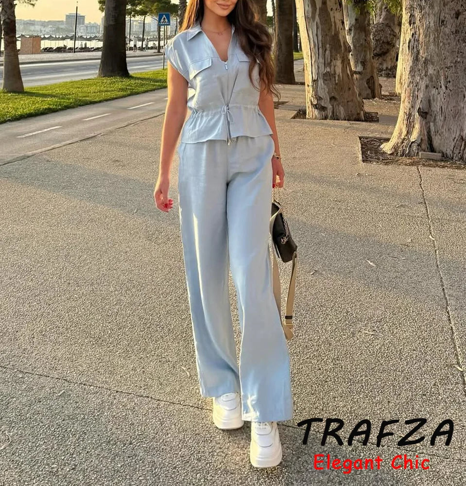 TRAFZA Women Casual Chic Blue Pant Set Zipper V-neck Beige Vest Elastic Waist Pant 2025 Spring Fall Fashion Elegant Vest Set