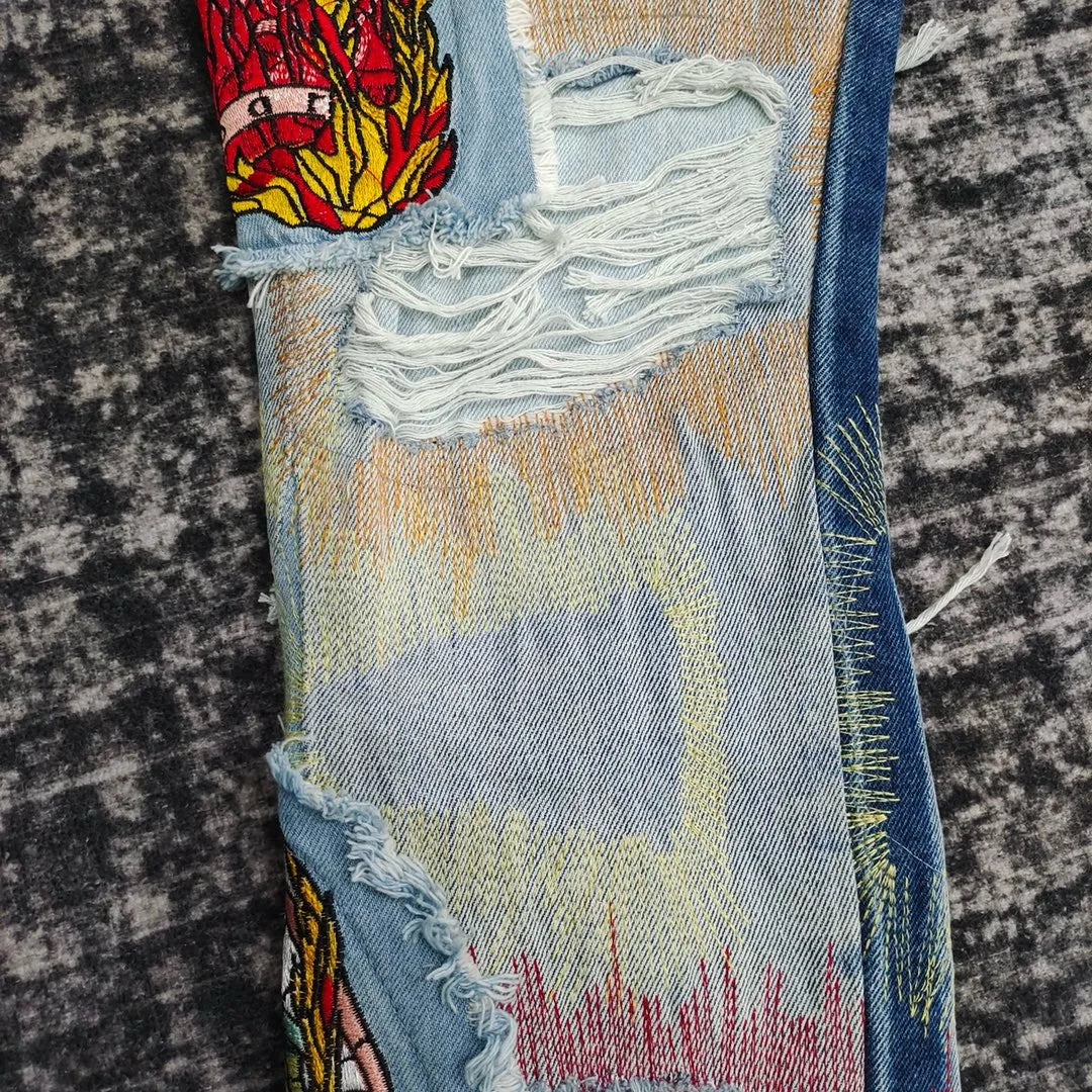 men complicated embroidery stitching distressed jeans