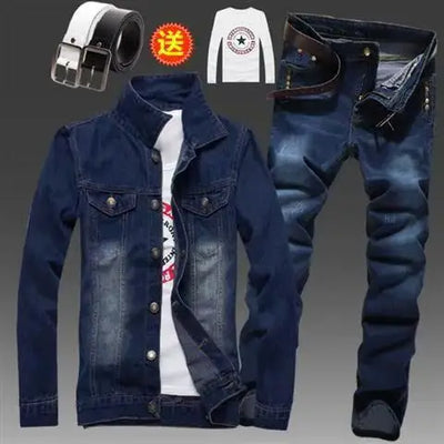Men's Slim Fit Denim Jacket Pants 2pcs Set Long Sleeve Coats Letters Printed Casual Large Size Black White Red Boys Trousers