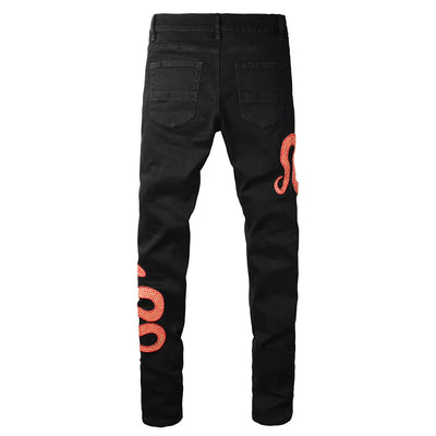 Men's Black Snake Embroidery Stretch Denim Jeans Pants Skinny Tapered Pencil Trousers with Snakeskin Leather Patch