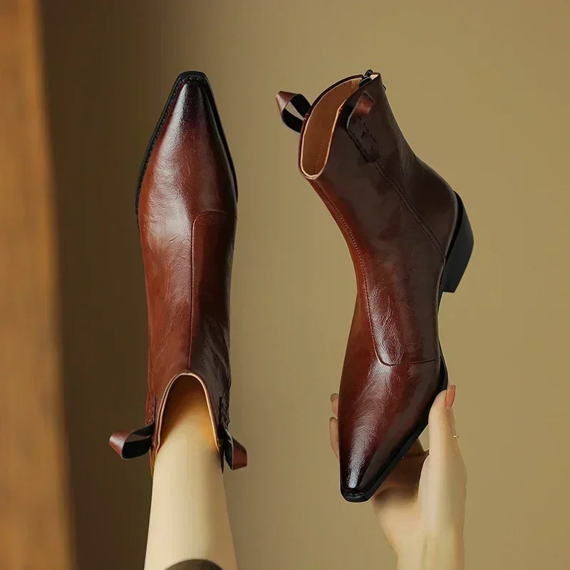 2025 Autumn/winter Women Boots Genuine Leather Western Boots Women Shoes Pointed Toe Chunky Heel Chelsea Boots Retro Ankle Boots