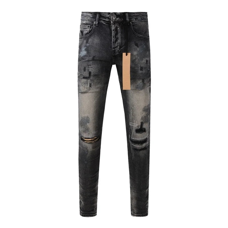 25fw High Street Men's Jeans Paint Hole Trend Low Rise Skinny Denim Pants Pleated Ripped Solid Trousers
