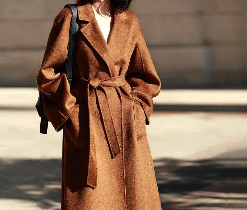 Long Double-Sided Cashmere Coat Women's Caramel Color Woolen Tweed Jacket Water-Wave Pattern Loose Fit Chinese Origin