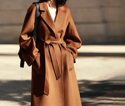 Long Double-Sided Cashmere Coat Women's Caramel Color Woolen Tweed Jacket Water-Wave Pattern Loose Fit Chinese Origin