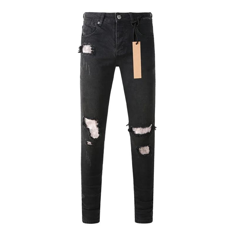 High Street Men's Jeans Low Rise Stretch Skinny Button Fly Ripped Hold Black Pants
