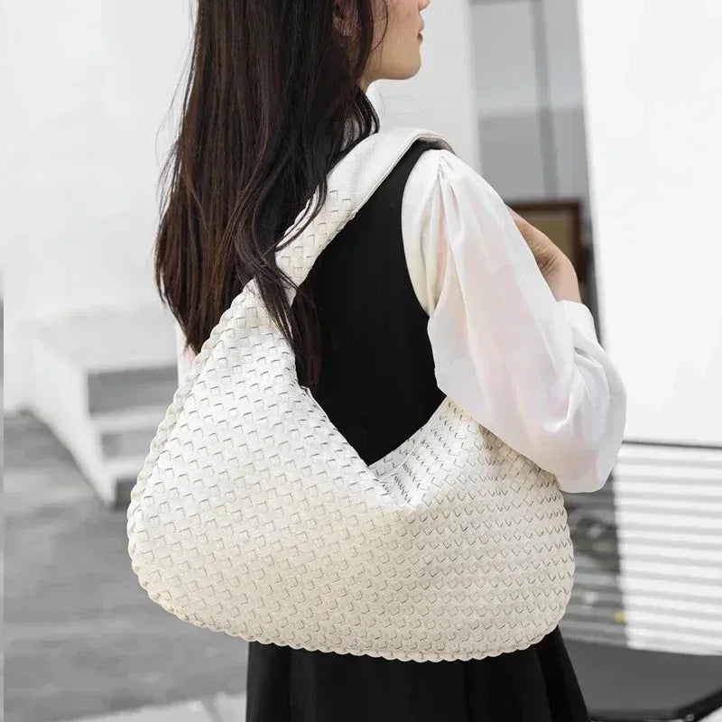 New Vegan Leather Hobo Bag Handmade Woven Casual Female Half Moon Handbag Big Capacity Patchwork Zipper Women Tote Shoulder Bags