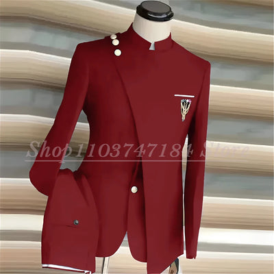 Navy Blue Men's Suits Single Breasted Stand Lapel Blazer African Style Formal Occasion Party 2 Piece Jacket Pants Costume Homme