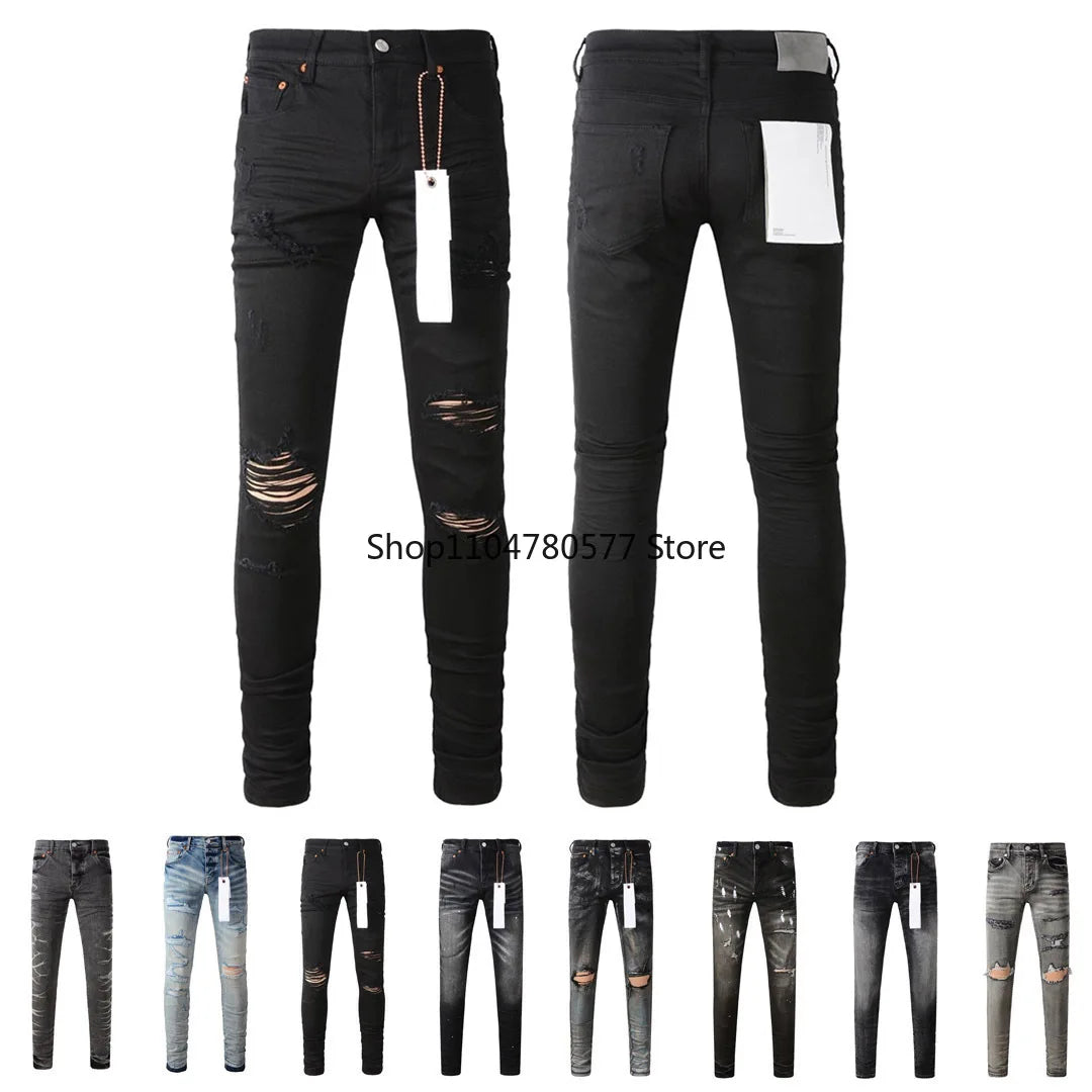 Americans High Street Trendy Men's Jeans Low Rise Stretch PantsSkinny Button Fly Ripped Retro Hold Trousers