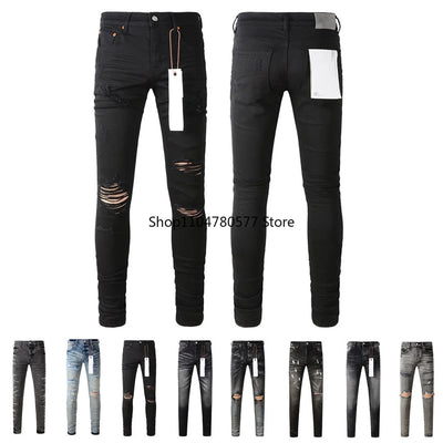 Americans High Street Trendy Men's Jeans Low Rise Stretch PantsSkinny Button Fly Ripped Retro Hold Trousers