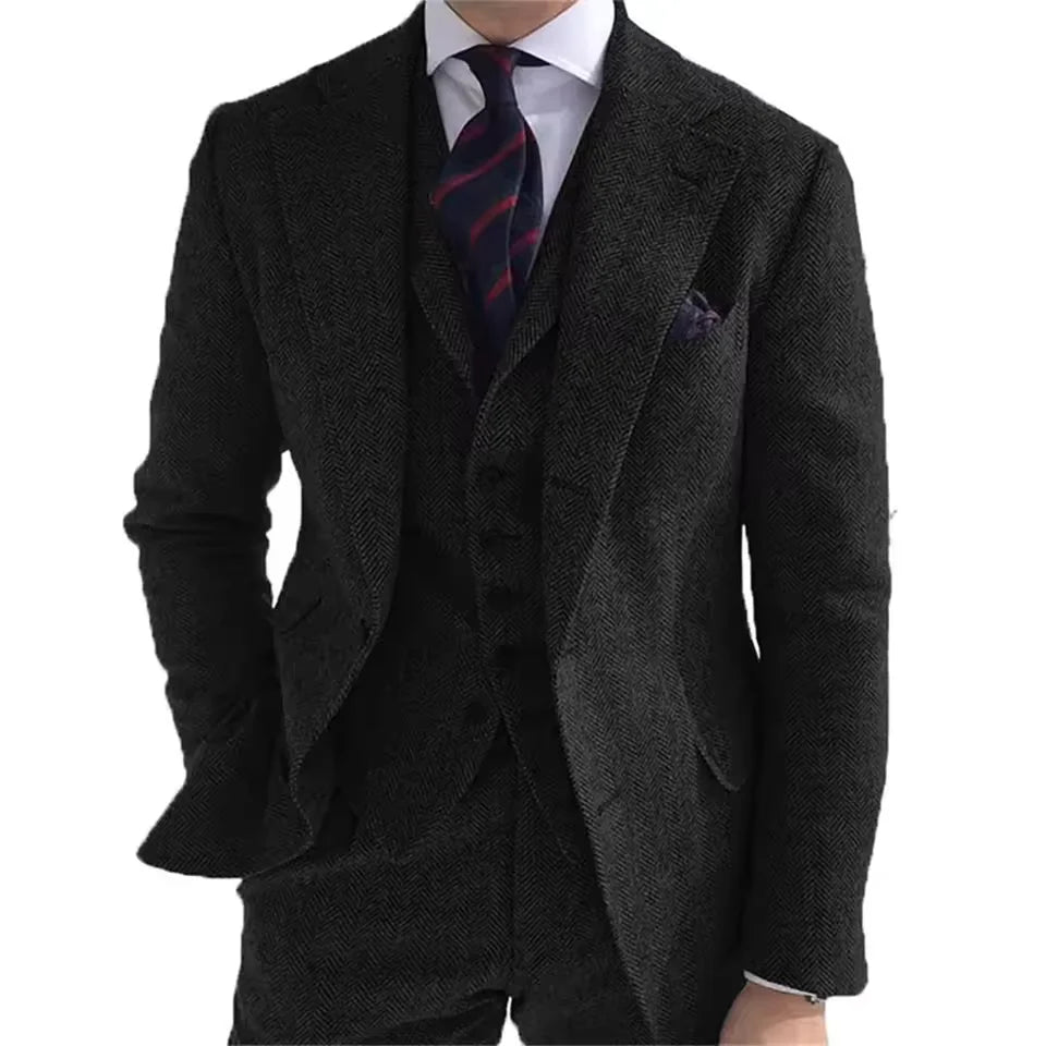 New Wool Tweed Winter Men Suit's For Wedding Formal Groom Tuxedo Herringbone Male Fashion 3 Piece Suit (Jacket + Vest + Pants)