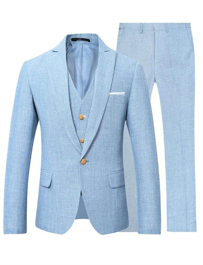 High Quality 3 PCS Beige/Blue Linen Men Suits Single Breasted Slim Fit Blazer Vest Pants Elegant Summer Seabeach Wedding Suits
