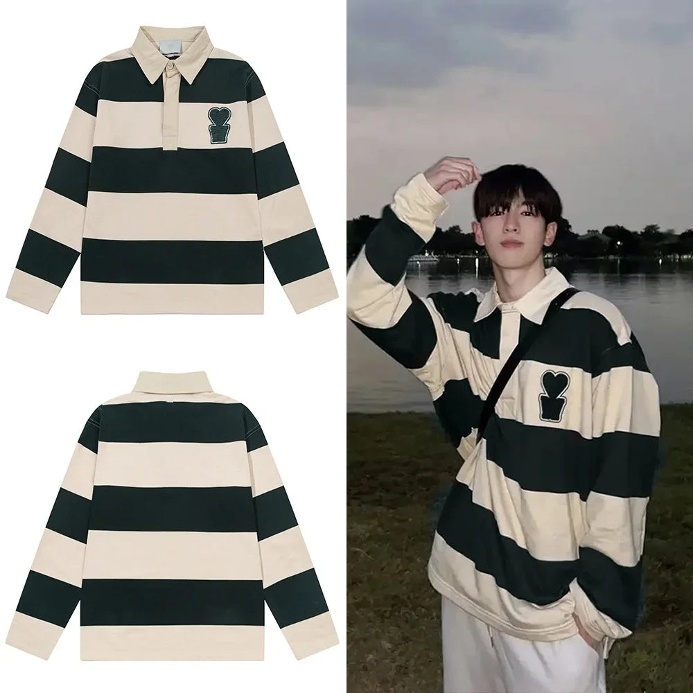 Casual Embroidered Collar Men's Sweatshirt Love Heart Stripe Color Block Top AMI ANCIENT Autumn Winter Polo Style Streetwear