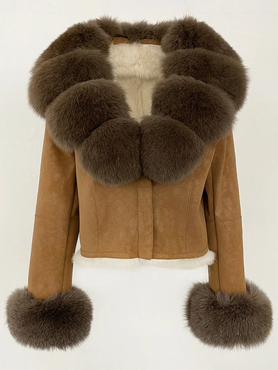 OFTBUY Fashion Short New Autumn Winter Fur Clothing Real Rabbit Fur Liner Suede Jacket Women Natural Fox Fur Collar Coat Female