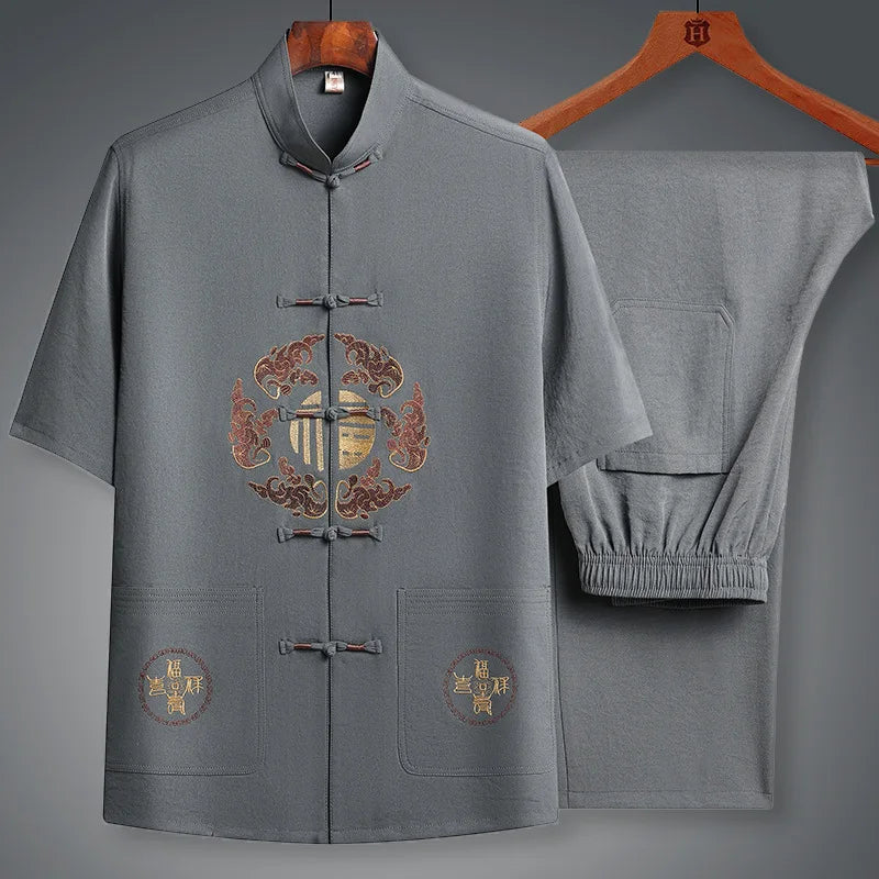 Chinese Traditional Tang Clothing Kung Fu Suit Fashion Casual Embroidery T-shirt Pants Wing Chun Tai Chi Comfortable Men's Set