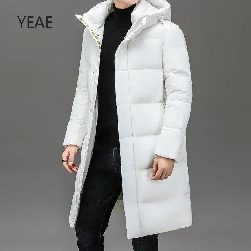 YEAE Winter New White Duck Down Thick Black Gold Down Jacket Men's Medium and Long High-end Leisure Warm Hooded Coat Clothing