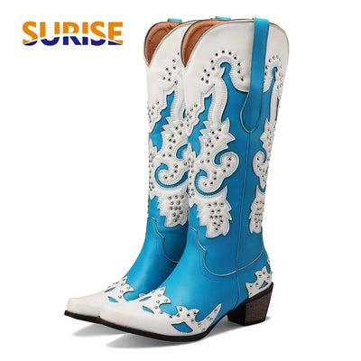Western Cowboy Knee High Boots Women Blue Red Mixed Color Floral Fretwork Rivet Winter Pointed Toe High Heels Cowgirl Long Boots