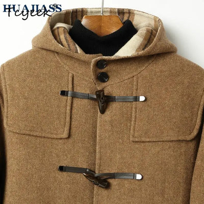 Tcyeek 70% Wool 30% Polyester Autumn Winter Double Sided Wool Hooded Coffee Colored Medium Long Men's Wool Coat Abrigo Hombre