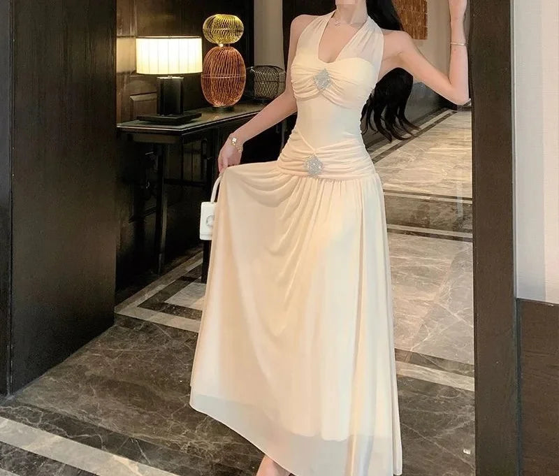 French Style Neck Hanging Waist Cinching Slimming Vacation Dress New Long Ankle-Length Princess Sleeve V-Neck Dress