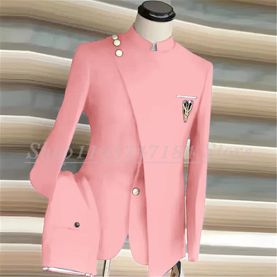 Navy Blue Men's Suits Single Breasted Stand Lapel Blazer African Style Formal Occasion Party 2 Piece Jacket Pants Costume Homme