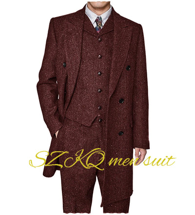 Men's Suit Retro 3 Piece Herringbone Long Jacket Double Breasted Blazer