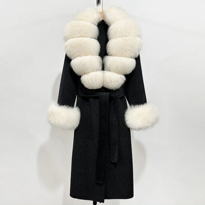 2025 New Autumn Wool Blend Coat Women Elegant Warm Real Fox Fur Collar Winter Wool Coat Female Double-sided Cashmere Jacket
