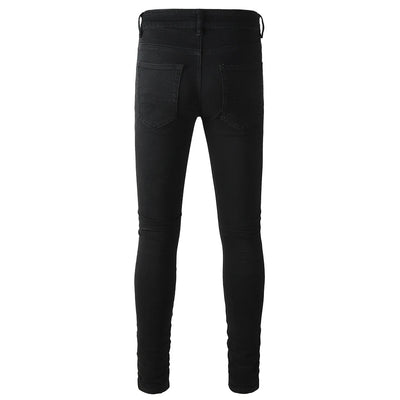 Men Star Crystal Denim Jeans Streetwear Rhinestone Skinny Tapered Pants Holes Ripped Black Stretch Trousers