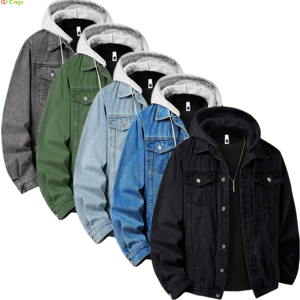 Autumn Green Men's Hooded Denim Jacket, Detachable Hood, Available in Gray, Black, and Blue.