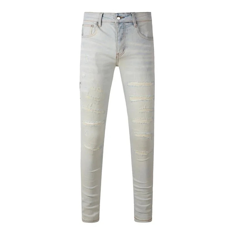 Fashion Top Quality Streetwear Distressed Men's Jeans  Vintage Low Rise Stretch Skinny Button Fly Ripped Hold Pants