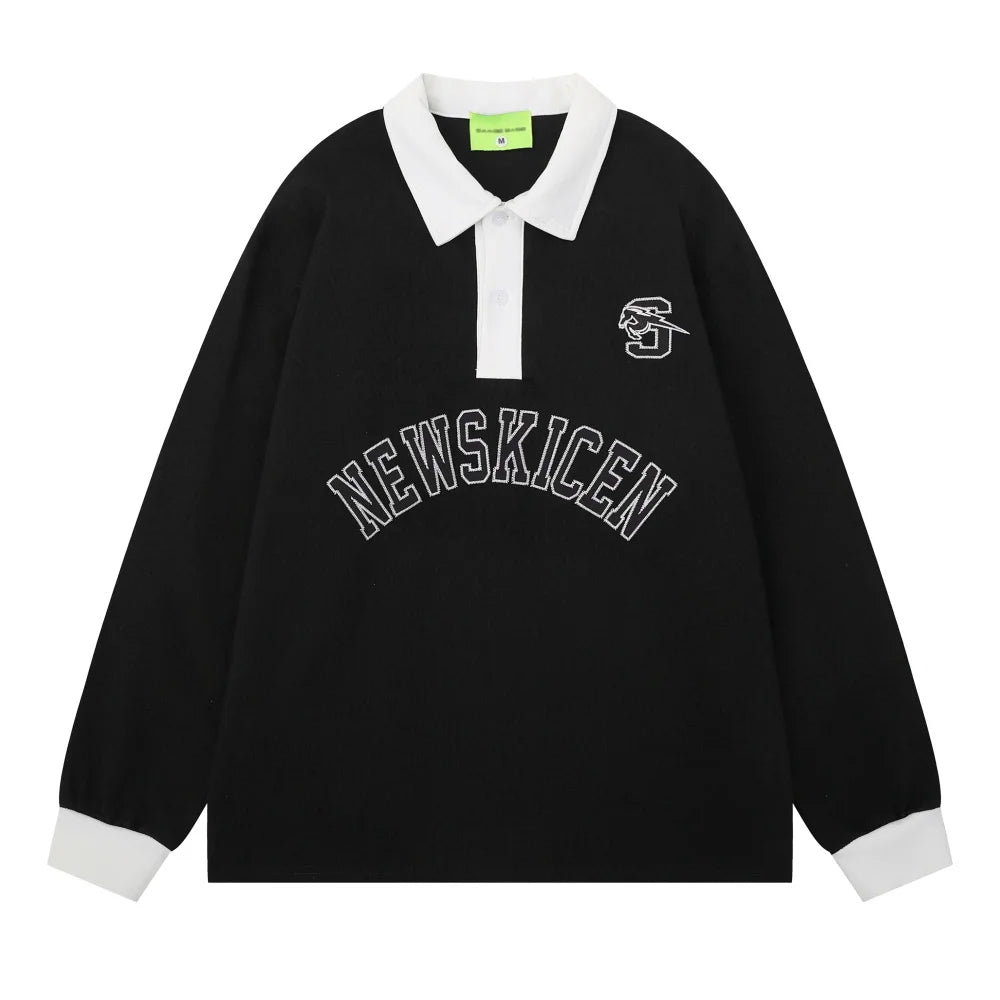 Letter Embroidery Spliced Polo Shirts Mens Autumn Streetwear Loose Long Sleeve Tee Man Tops