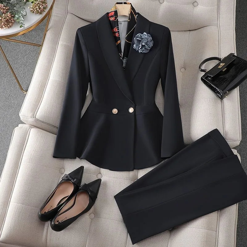 New High Quality Autumn Formal Women's Suit Fashion Long Sleeve Blazer Coat + Straight Pants Trousers Office Lady Two piece Set