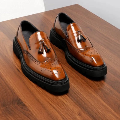 Mens Genuine Leather Loafers Summer Slip On Breathable Thick Sole Brogue Tassel Casual Dress Shoes