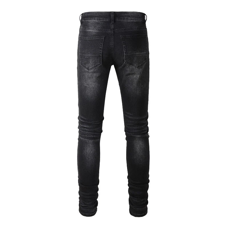 Men's Cracked Red Pleated Patch Biker Jeans Streetwear Patchwork Stretch Denim Pants Skinny Tapered Black Trousers