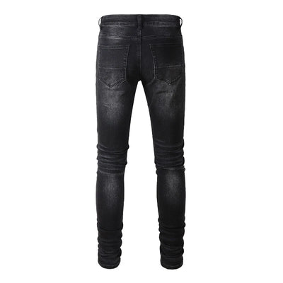 Men's Cracked Red Pleated Patch Biker Jeans Streetwear Patchwork Stretch Denim Pants Skinny Tapered Black Trousers