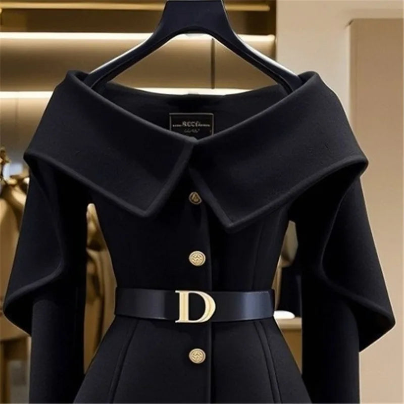Limiguyue Black Short Jacket for Women Small Fragrance Letter Belt Coat High End Design Turn Down Collar Tops Autumn Winter 493P