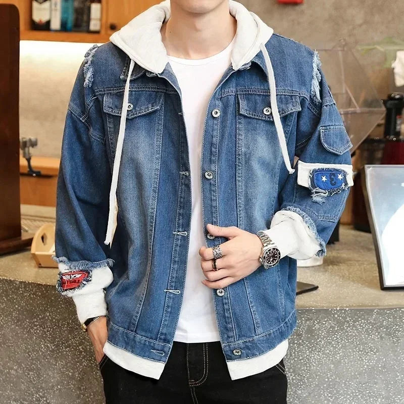 Customizable Men Denim Jacket Streetwear Hip Hop Men's Hooded Jean Jackets Male Casual Loose Outerwear Fashion Slim Fit Coat