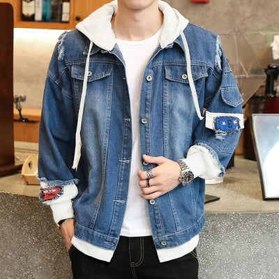 Customizable Men Denim Jacket Streetwear Hip Hop Men's Hooded Jean Jackets Male Casual Loose Outerwear Fashion Slim Fit Coat