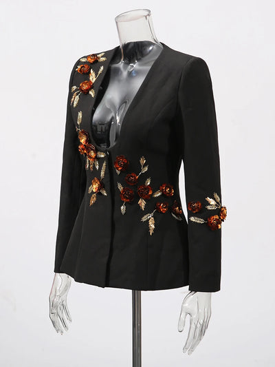 CHICEVER Fashionable Slimming Cocktail Coat for Women Deep Neck Long Sleeve Spliced 3D Floral Temeprament Jackets Female Clothes
