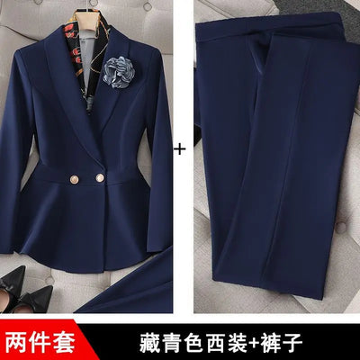 New High Quality Autumn Formal Women's Suit Fashion Long Sleeve Blazer Coat + Straight Pants Trousers Office Lady Two piece Set